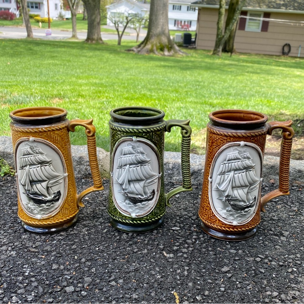 Nautical themed tall handle cups - set of 3
